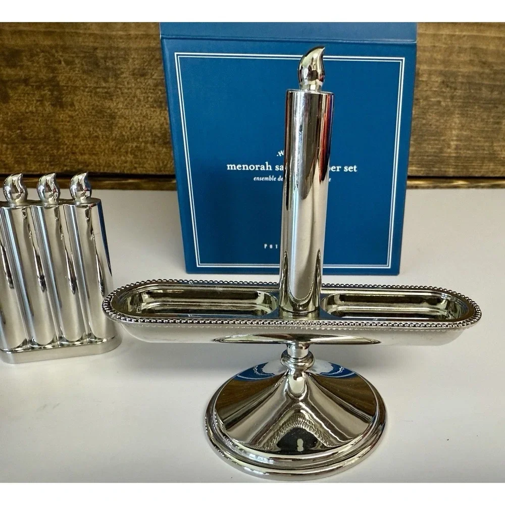 Pottery Barn Menorah Salt & Pepper Set 9 Branch Silver Hanukkah 3pc 4.5